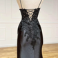 Black Appliques V-Neck Lace-Up Prom Dress with Slit,DP826