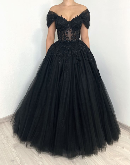 Black Gothic Floral Beaded Corset Tulle Alternative Wedding Dress Long – DSProm