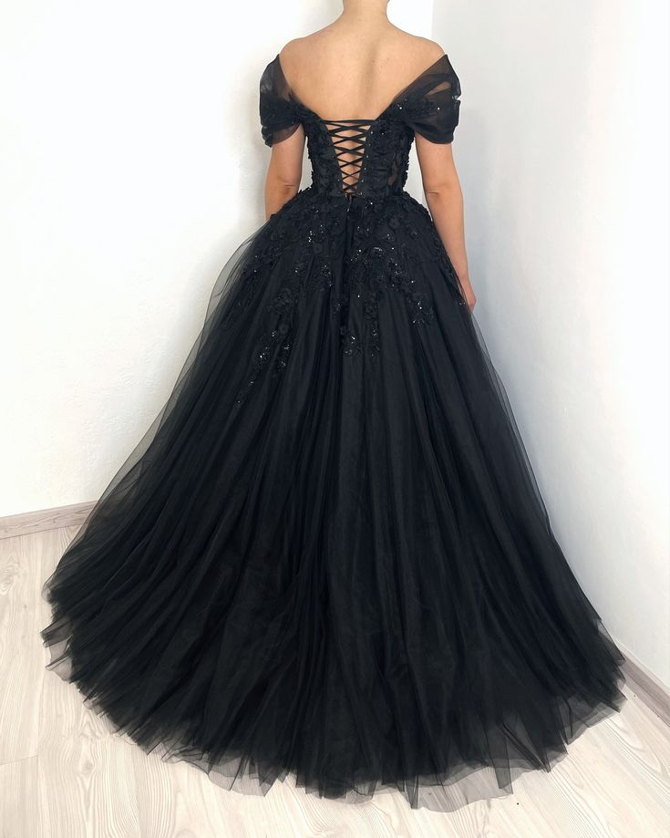 Black Gothic Floral Beaded Corset Tulle Alternative Wedding Dress Long Prom Dress,DP834