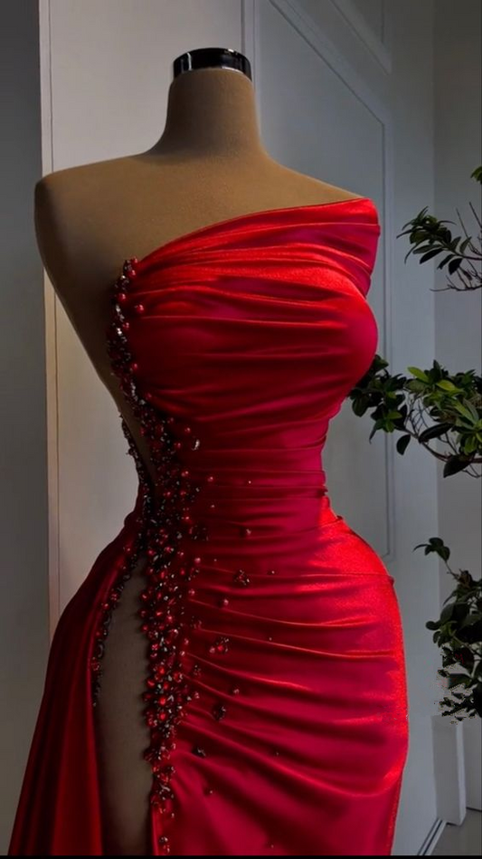 Sexy Red Beaded Satin Long Prom Dress with High Slit,DP835