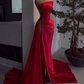 Sexy Red Beaded Satin Long Prom Dress with High Slit,DP835