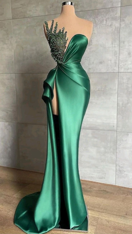 Green Sexy Beaded Satin Long Prom Dress with High Slit,DP836