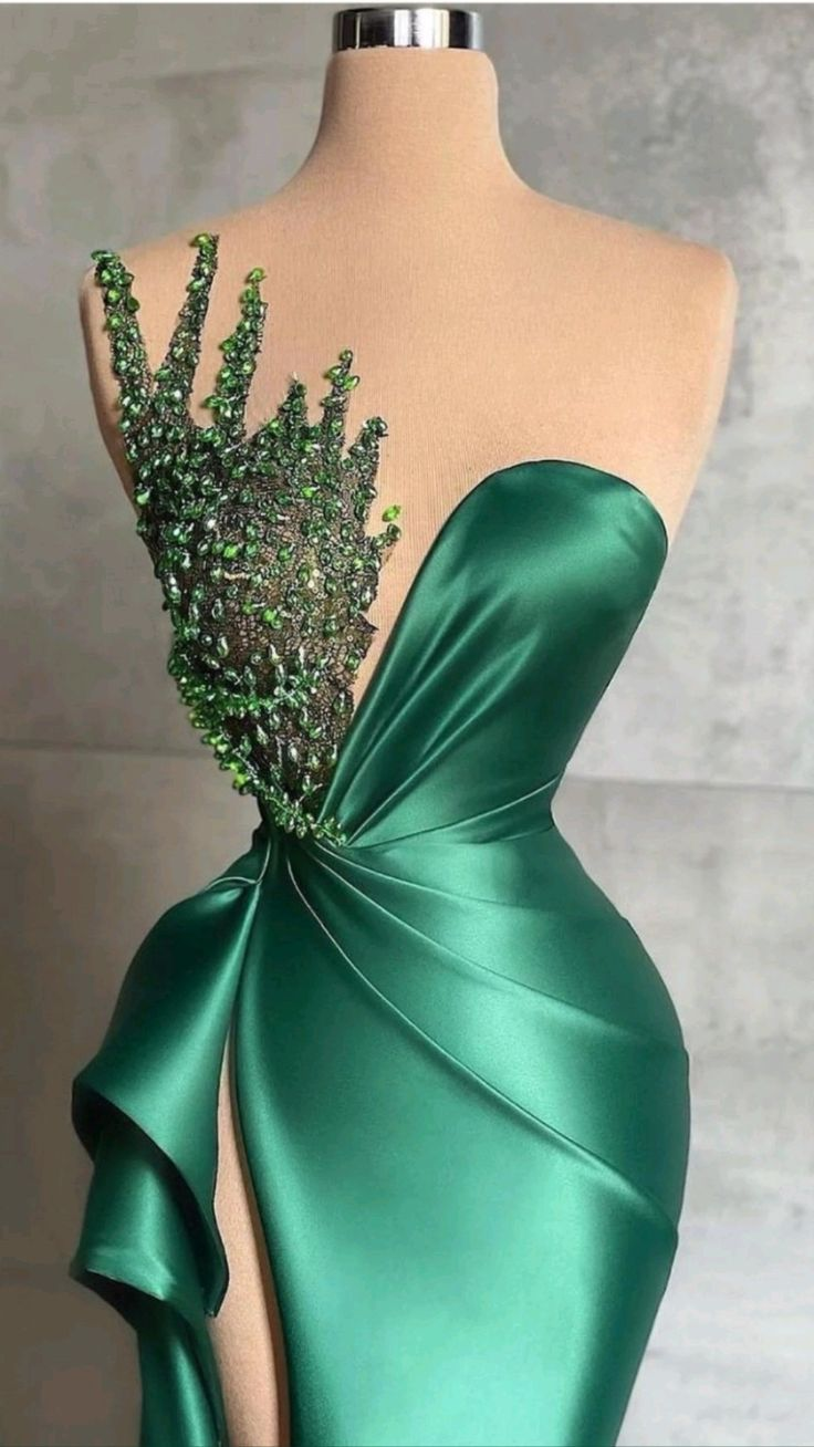 Green Sexy Beaded Satin Long Prom Dress with High Slit,DP836