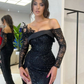 Black Off Shoulder Sequins Long Prom Dress Evening Party Dress with High Slit,DP840