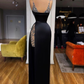 Black Sexy Beaded Straps Long Prom Dress Evening Party Dress with Slit,DP841