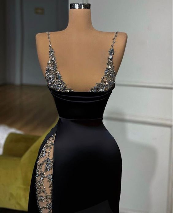 Black Sexy Beaded Straps Long Prom Dress Evening Party Dress with Slit,DP841