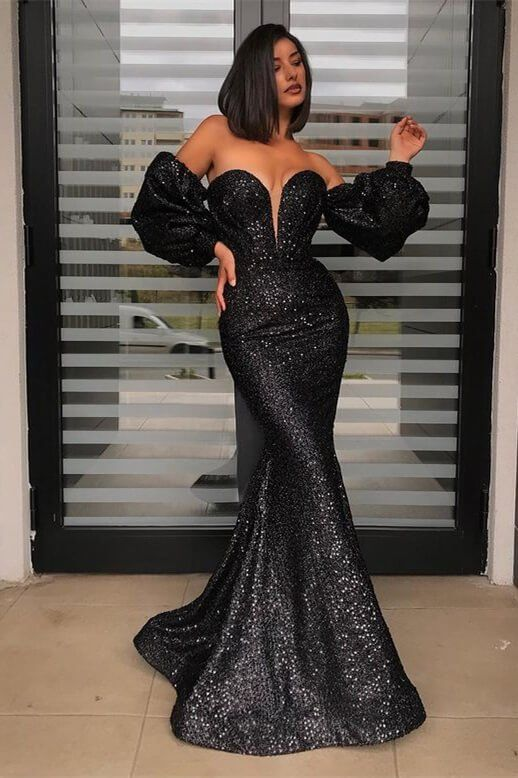 Black Sweetheart Sequins Mermaid Long Prom Dress with Detachable Sleeves,DP843