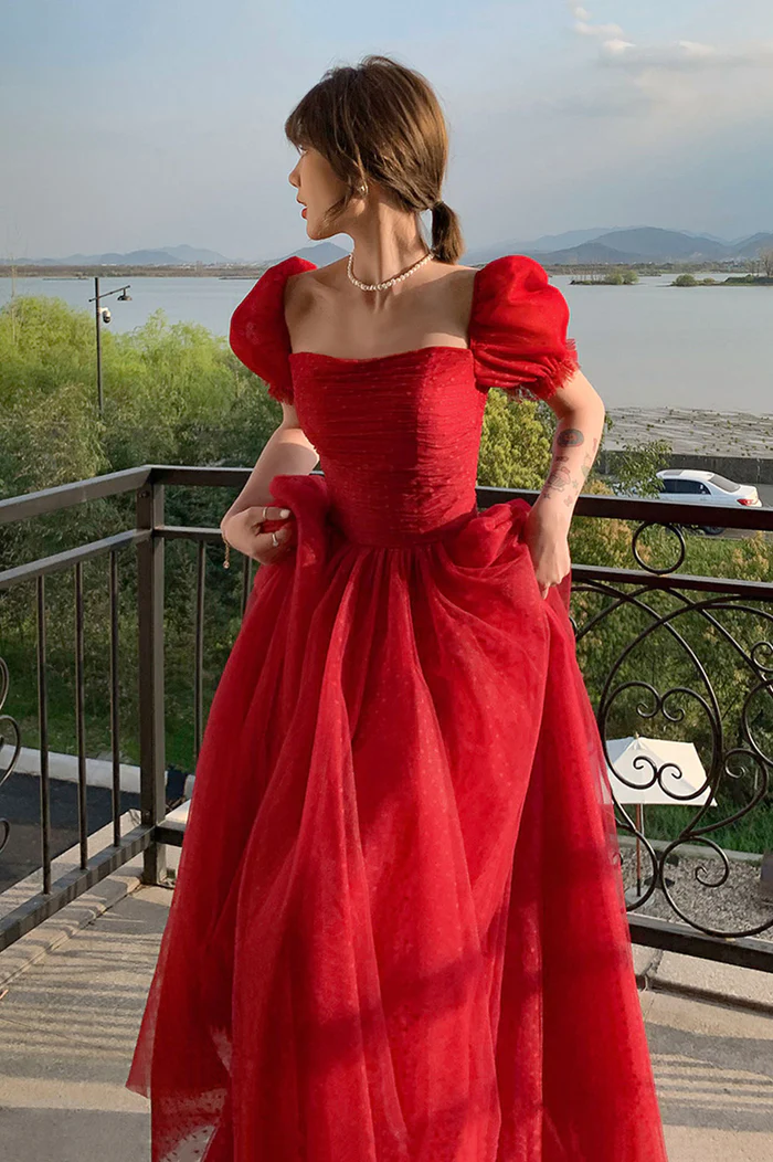 Red Tulle A-Line Cute Short Sleeves Long Prom Dress Graduation Dress,DP846