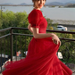 Red Tulle A-Line Cute Short Sleeves Long Prom Dress Graduation Dress,DP846