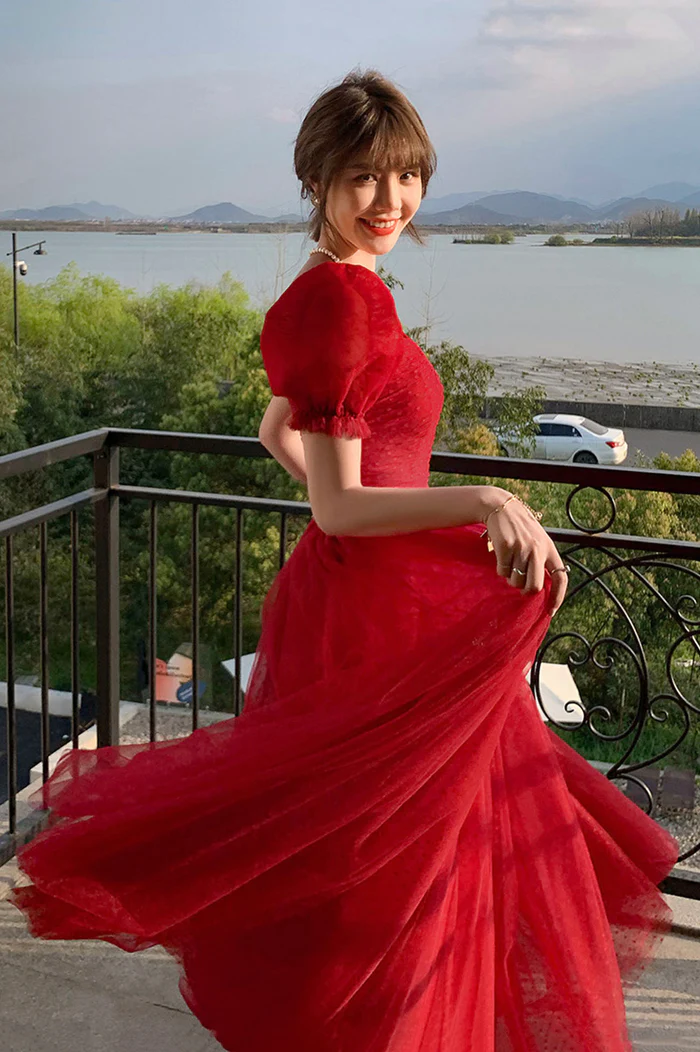 Red Tulle A-Line Cute Short Sleeves Long Prom Dress Graduation Dress,DP846