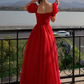 Red Tulle A-Line Cute Short Sleeves Long Prom Dress Graduation Dress,DP846