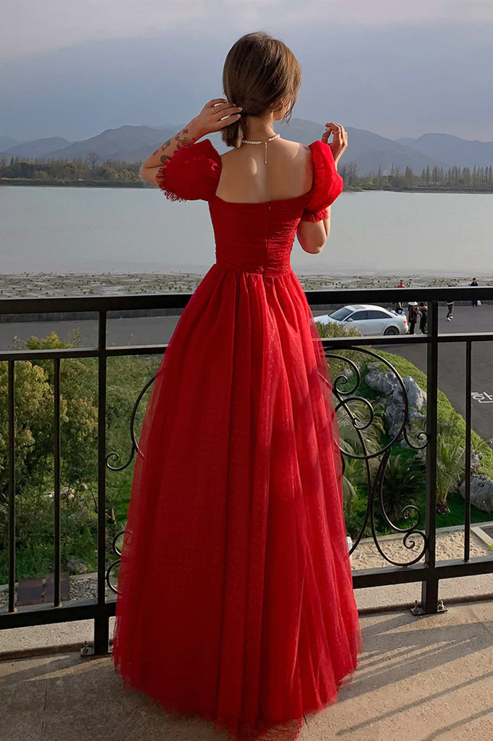 Red Tulle A-Line Cute Short Sleeves Long Prom Dress Graduation Dress,DP846