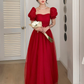 Red Tulle A-Line Cute Short Sleeves Long Prom Dress Graduation Dress,DP846