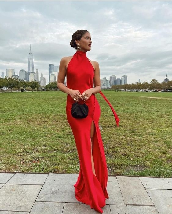 Charming Red Halter Backless Long Prom Dress with Slit,DP851