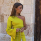 Yellow Green One Shoulder Party Dress with Slit,DP855