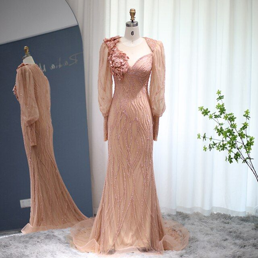 Luxury Rose Gold Evening Dress Elegant Long Sleeves Formal Dresses,DP864