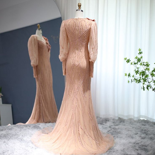 Luxury Rose Gold Evening Dress Elegant Long Sleeves Formal Dresses,DP864