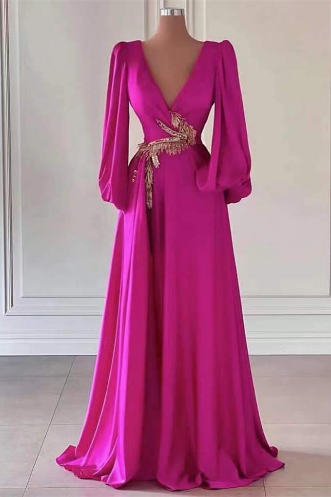 Fuchsia Dark V-Neck A-Line Long Sleeves Prom Dress With Embellishment,DP870