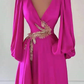 Fuchsia Dark V-Neck A-Line Long Sleeves Prom Dress With Embellishment,DP870