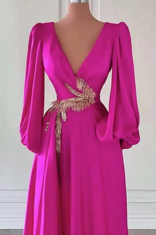 Fuchsia Dark V-Neck A-Line Long Sleeves Prom Dress With Embellishment,DP870