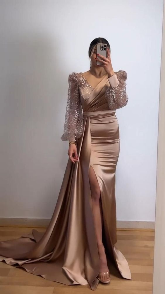 Elegant Long Sleeves Long Prom Dress Formal Party Dress with Slit,DP871