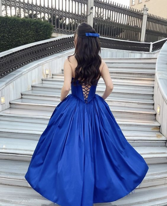 Royal Blue A-Line Strapless Long Prom Dress Evening Gown,DP875