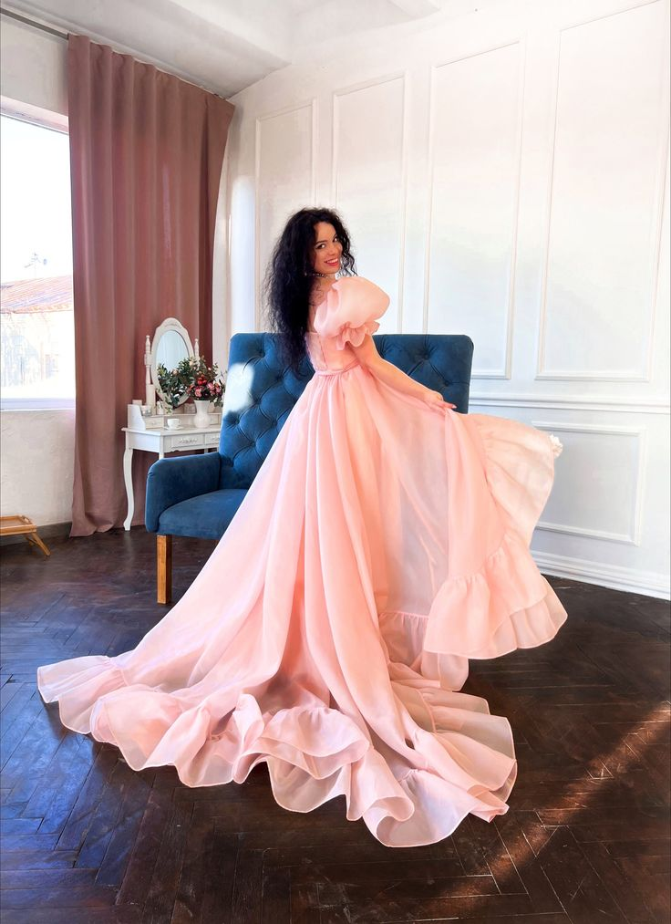 Pink A-Line Organza Long Prom Dress Engagement Dress with Puff Sleeves,DP877