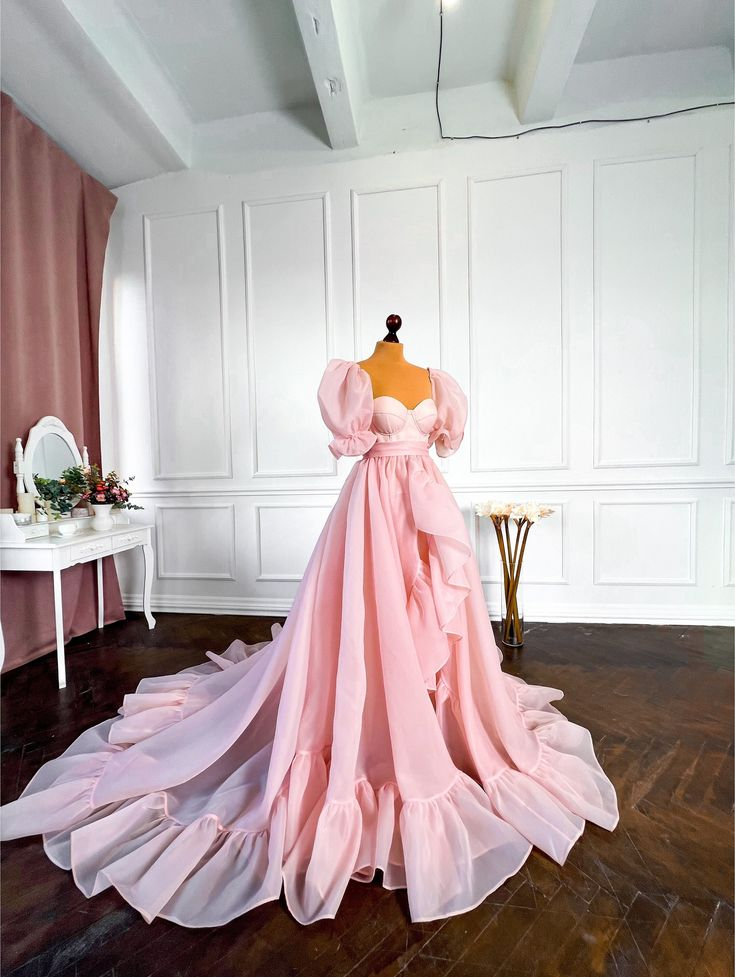 Pink A-Line Organza Long Prom Dress Engagement Dress with Puff Sleeves,DP877