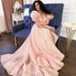 Pink A-Line Organza Long Prom Dress Engagement Dress with Puff Sleeves,DP877