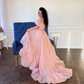 Pink A-Line Organza Long Prom Dress Engagement Dress with Puff Sleeves,DP877