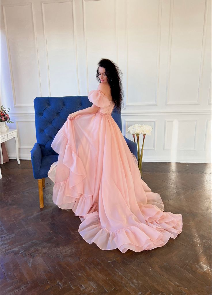 Pink A-Line Organza Long Prom Dress Engagement Dress with Puff Sleeves,DP877