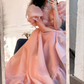 Pink A-Line Organza Long Prom Dress Engagement Dress with Puff Sleeves,DP877