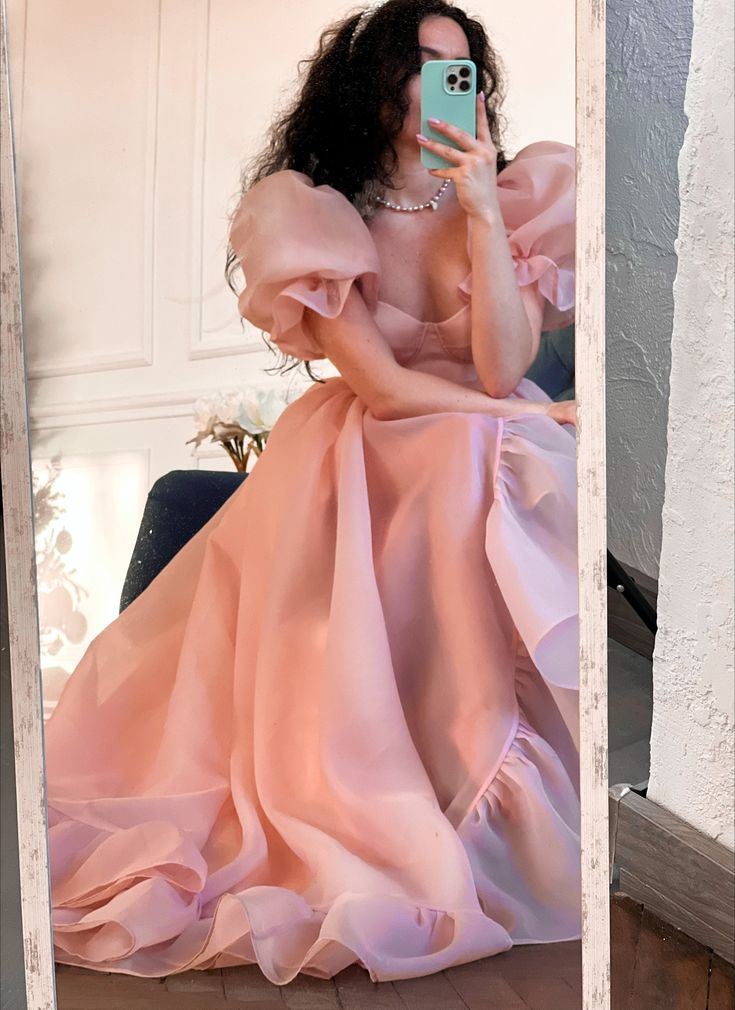 Pink A-Line Organza Long Prom Dress Engagement Dress with Puff Sleeves,DP877