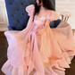 Pink A-Line Organza Long Prom Dress Engagement Dress with Puff Sleeves,DP877