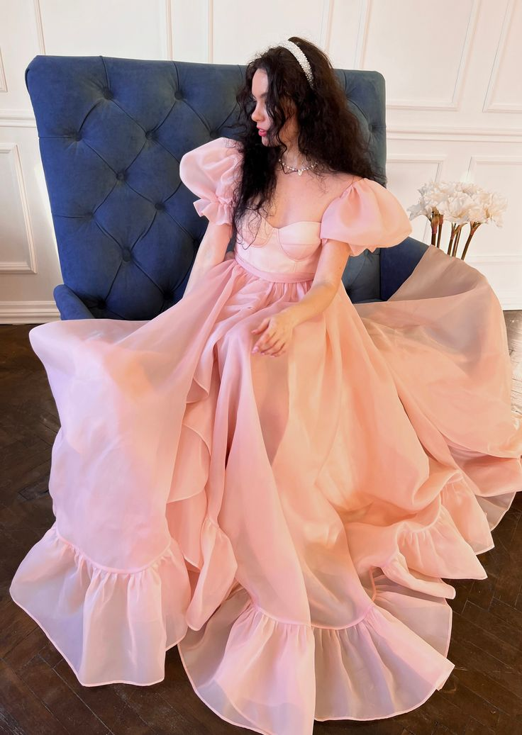 Pink A-Line Organza Long Prom Dress Engagement Dress with Puff Sleeves,DP877