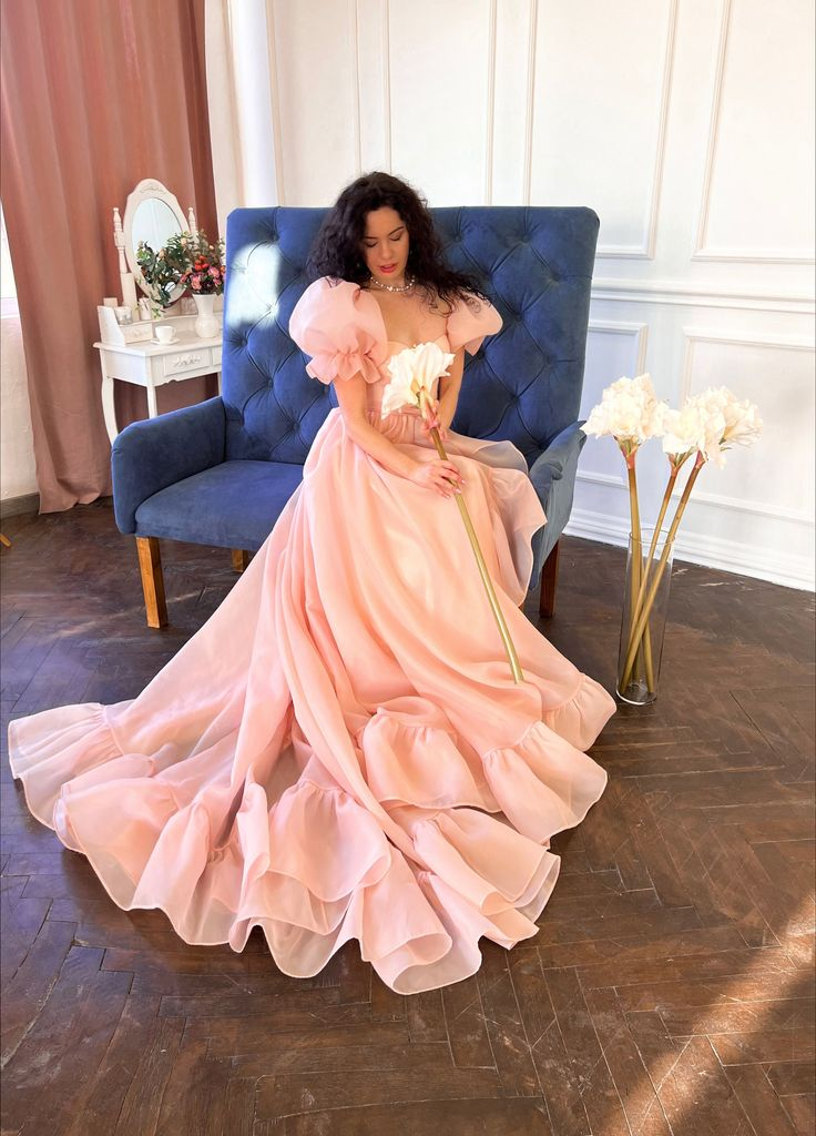 Pink A-Line Organza Long Prom Dress Engagement Dress with Puff Sleeves,DP877