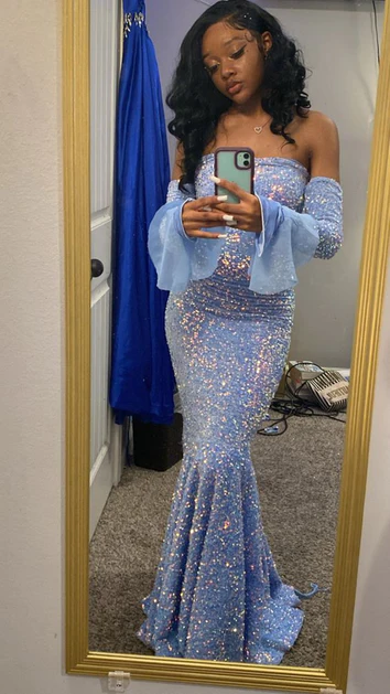 Blue Mermaid Strapless Sequins African Long Prom Dresses,DP886