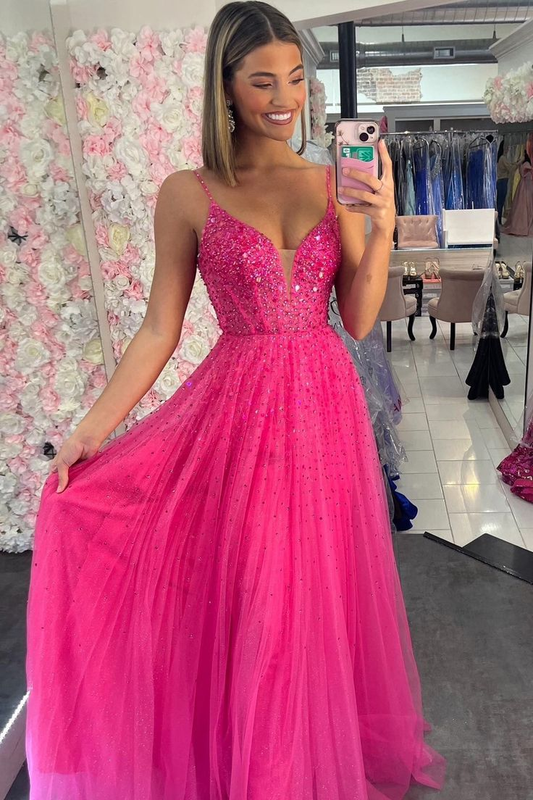 Straps Hot Pink Beaded A-Line Long Formal Dress,DP889