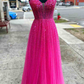 Straps Hot Pink Beaded A-Line Long Formal Dress,DP889