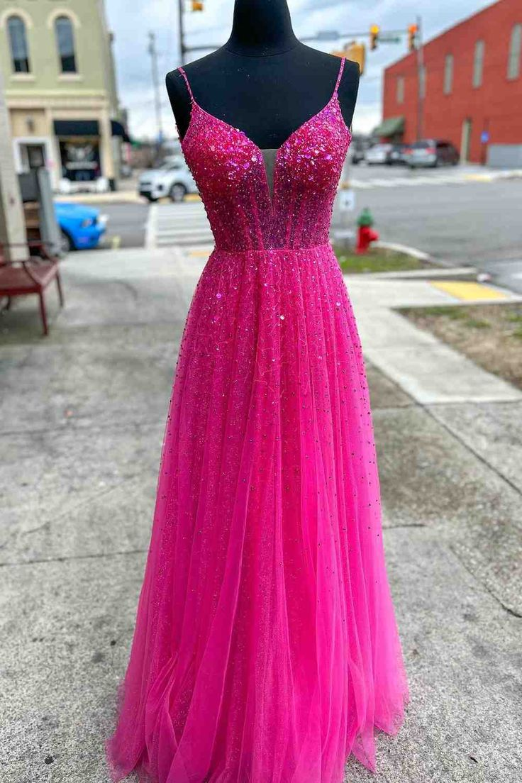 Straps Hot Pink Beaded A-Line Long Formal Dress,DP889