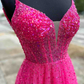 Straps Hot Pink Beaded A-Line Long Formal Dress,DP889