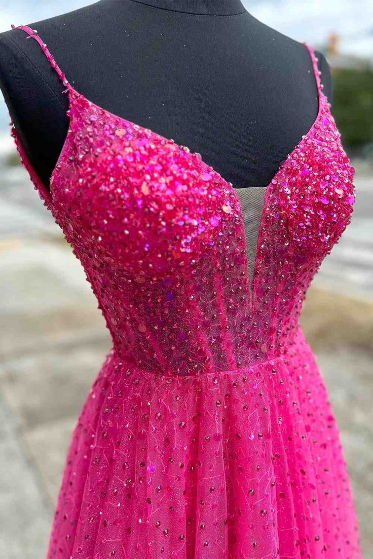 Straps Hot Pink Beaded A-Line Long Formal Dress,DP889