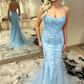 Blue Sleeveless Mermaid Lace Prom Dresses With Beaded,DP891