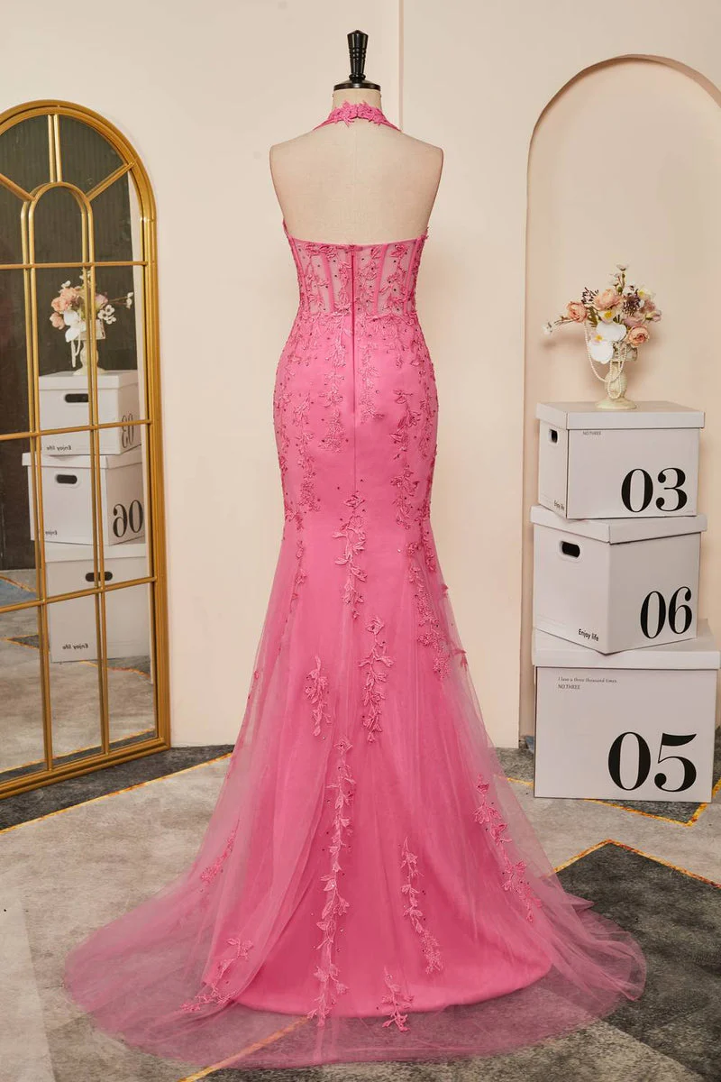 Hot Pink Halter Lace Long Prom Dress Mermaid Formal Dress with Appliques,DP892