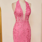 Hot Pink Halter Lace Long Prom Dress Mermaid Formal Dress with Appliques,DP892