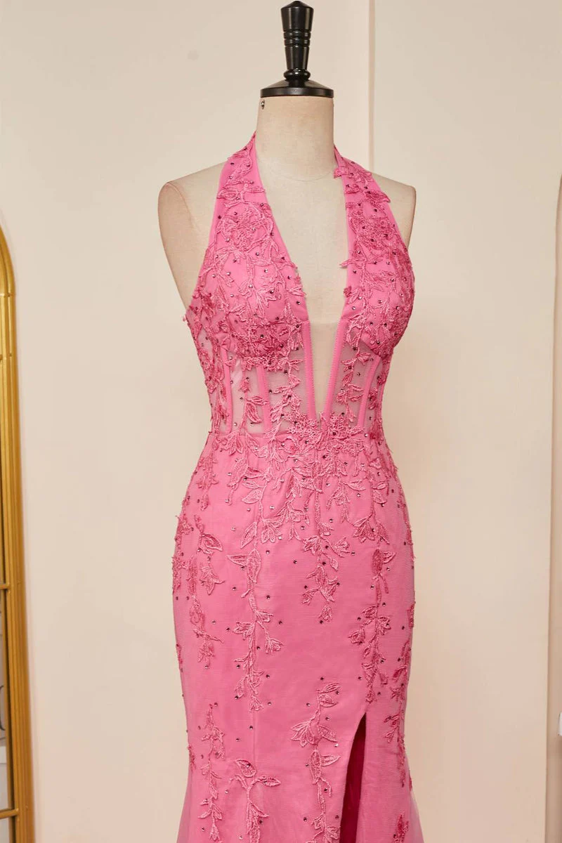 Hot Pink Halter Lace Long Prom Dress Mermaid Formal Dress with Appliques,DP892