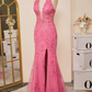 Hot Pink Halter Lace Long Prom Dress Mermaid Formal Dress with Appliques,DP892