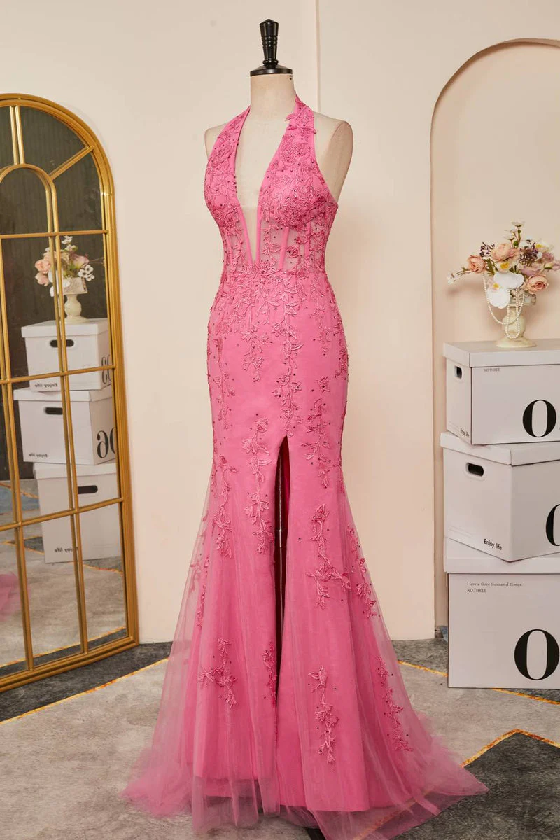 Hot Pink Halter Lace Long Prom Dress Mermaid Formal Dress with Appliques,DP892