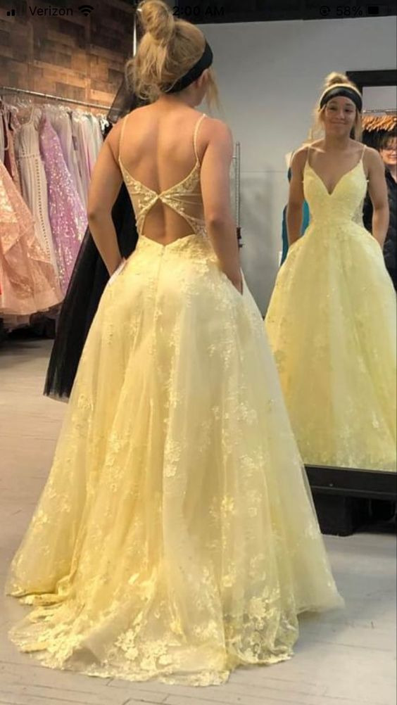 Yellow V Neck Open Back A-Line Long Prom Dress Elegant Party Dress,DP895