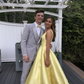 Yellow Satin V Neck A-Line Long Prom Dress Formal Party Dress,DP896